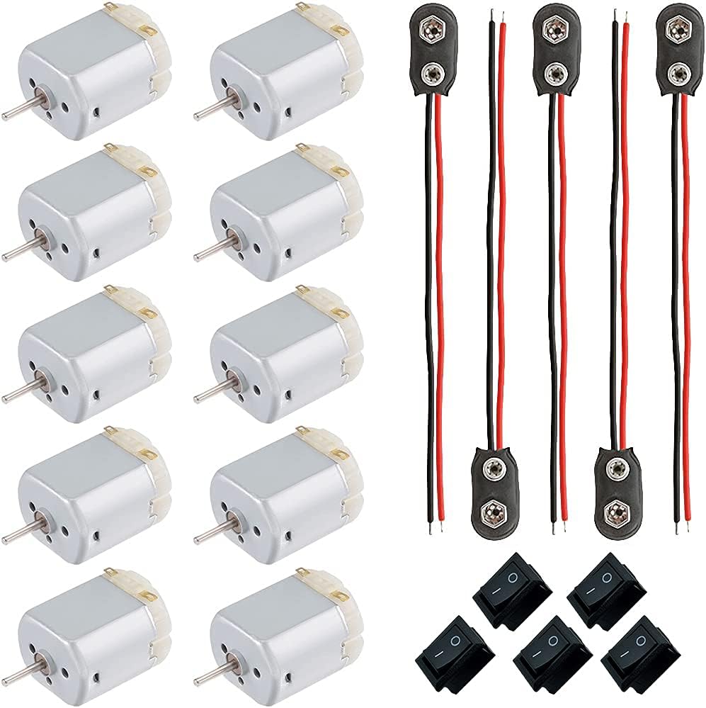 10 Pcs Mini Electric Motor 130 Micro DC Motor 1.5-6V 10000RPM Rectangular Motors 5 Boat Switches and 5pcs 9V Battery Connector for DIY Toys Science Projects