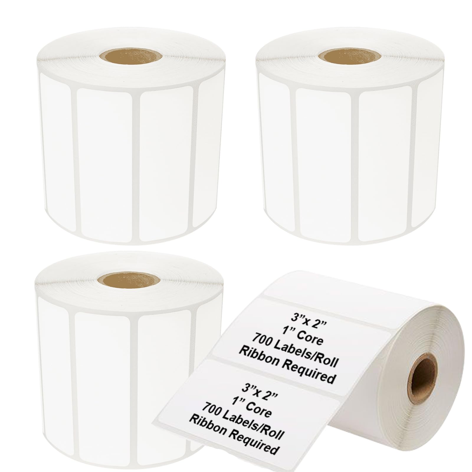 Etiquetas de transferencia térmica de escritorio de 3 x 2 pulgadas, requiere cinta, núcleo de 1 pulgada, 700 etiquetas/rollo, 4 rollos/funda, perforadas, para impresoras de transferencia térmica de