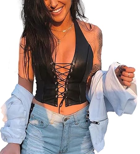 Women's Sexy Halter Backless Leather Tops Rivet String Lace Up Tank Tops Camisole - Medium - Black