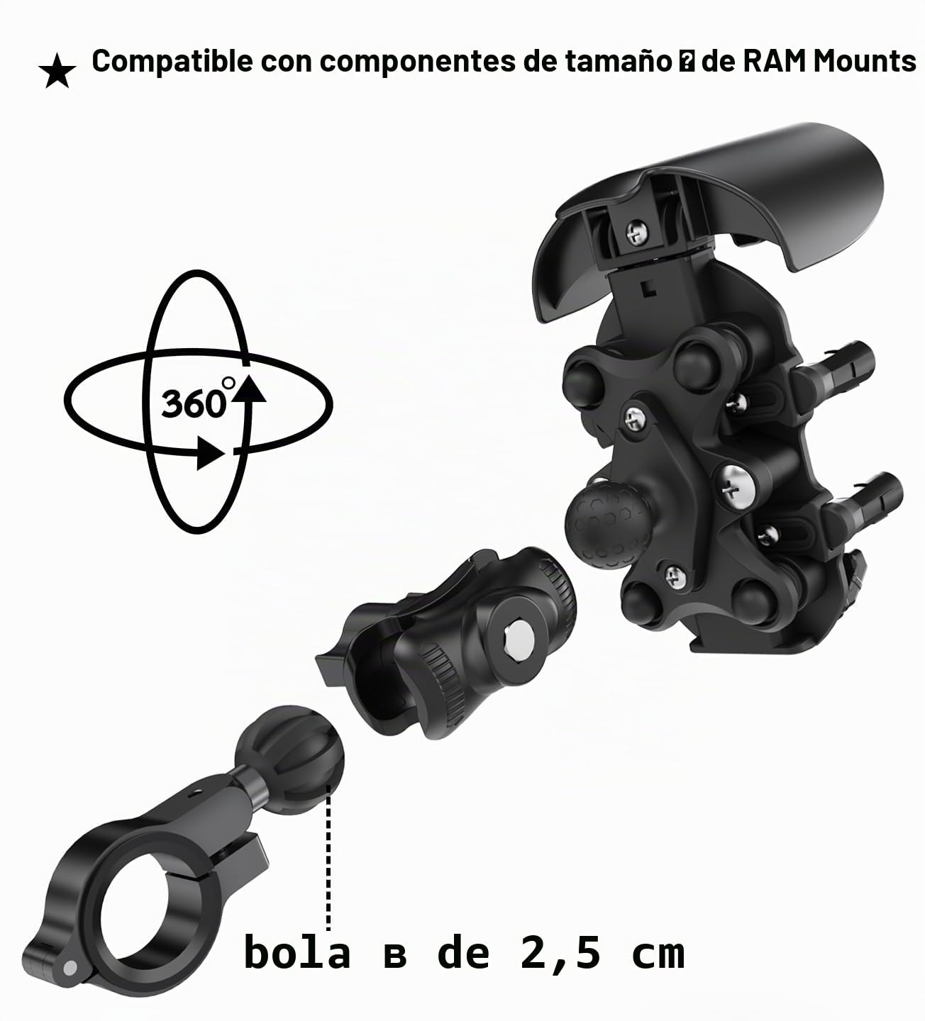iMESTOU Soporte Antivibración para Teléfono Móvil de Motocicleta con Base Esférica de 2,5 cm Adecuado para Manillares de 12 a 32 mm, Ampliamente Compatible con Smartphones de 5,4 a 7,0 Pulgadas