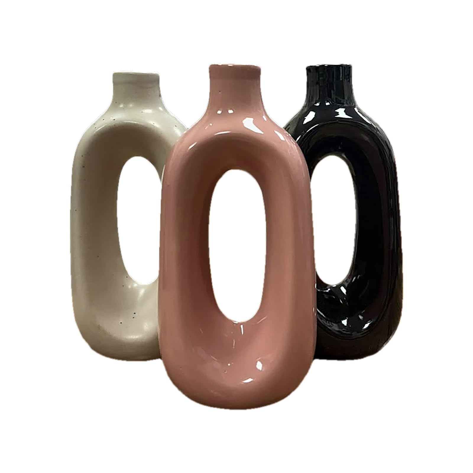 VIBHSA Modern Ceramic Hollow Vase Set of 3 | Decorative Nordic Donut Flower Vases for Living Room| Minimalist Home Decoration Vase Set (White, Pink & Black)-image-8