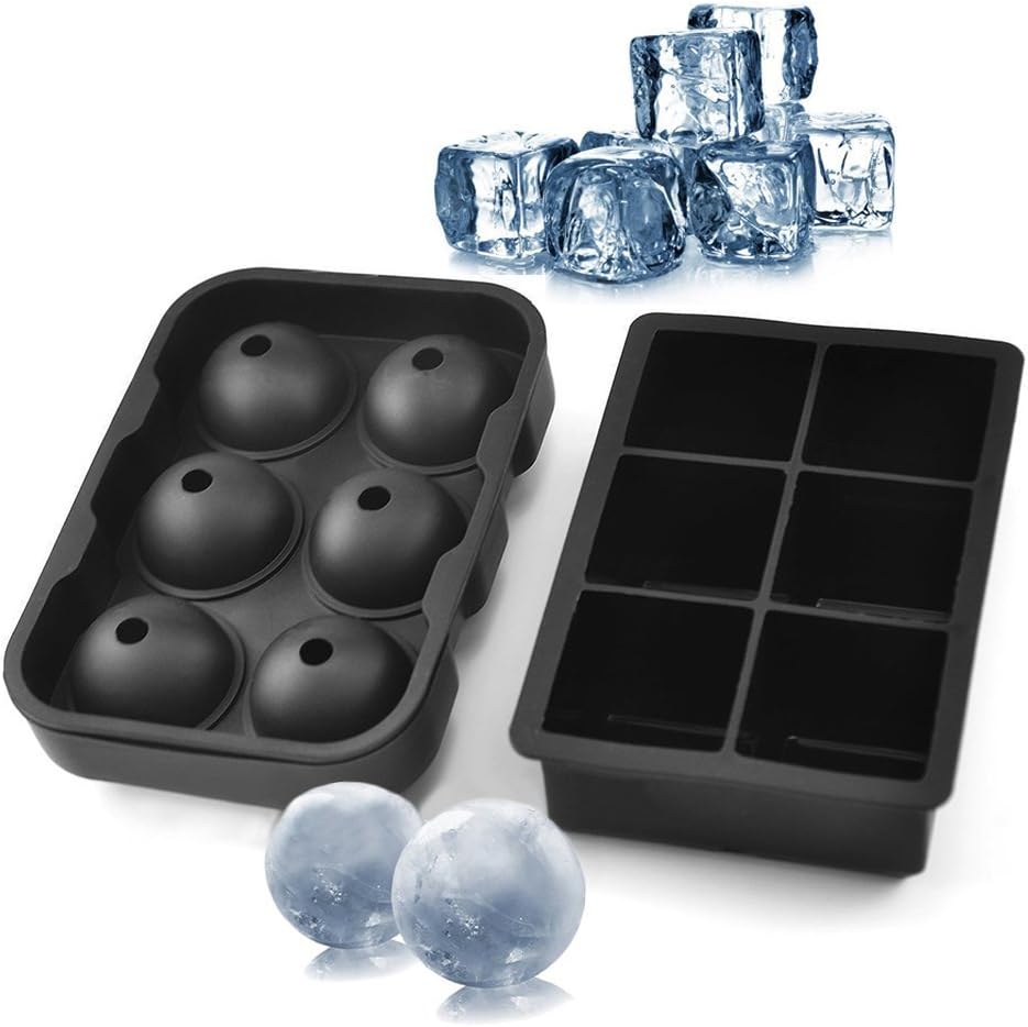 Silicone Ice Cube Trays Round Ice Cube Mold Square Ice Cube Tray, Combo Set of 2 Molds - Big Ice Cube Tray Mold & Ice Chill Sphere Mold (Set of 2) (6H+6B)