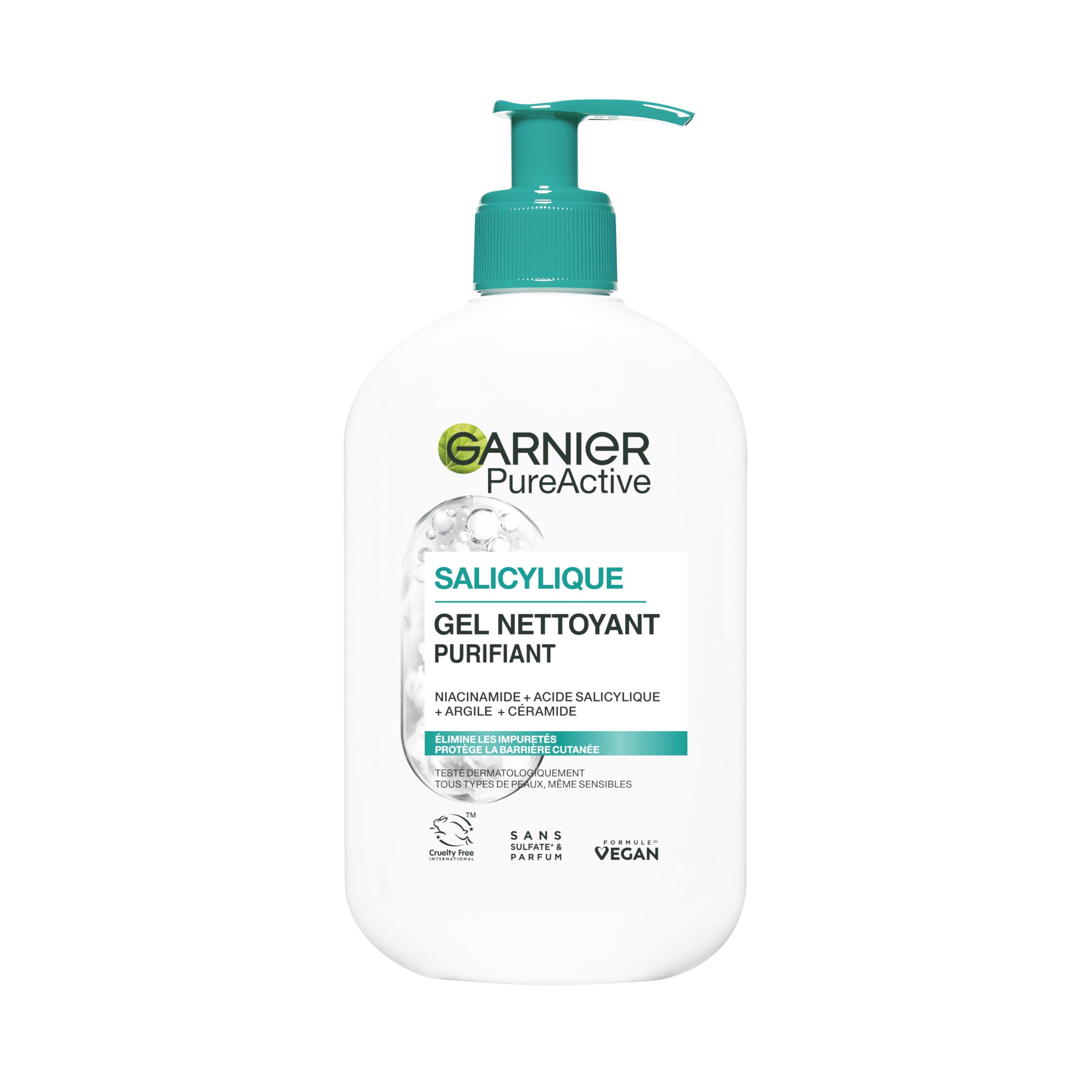 Garnier Pure Active - Gel Nettoyant Moussant - Purifie, Hydrate & Élimine Les Impuretés - Acide Hyaluronique, Céramide, Argile - Vegan & Cruelty Free - Tous Types de Peaux - 250 ml