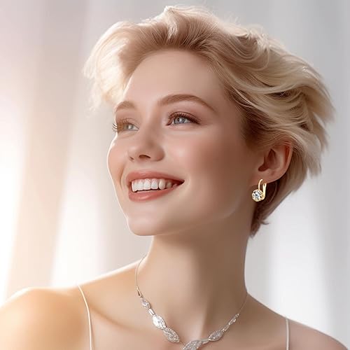 Miniatura 7 de Aretes colgantes redondos con diseño de flor de cristal para mujer, chapados en oro de 14 quilates, con circonita cúbica brillante, Oro amarillo