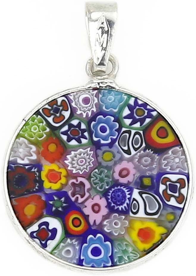 Glass Of Venice Small Murano Glass Millefiori Pendant Necklace Round Multicolor in Sterling Silver Frame for Women 3/4 Inch 18mm - Handmade in Italy