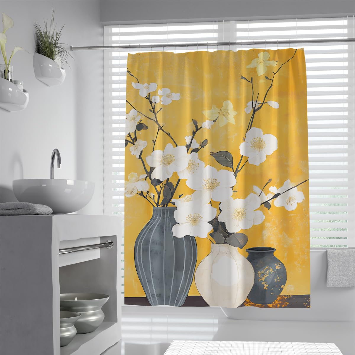 UIRINGART Yellow Blossom Vase Shower Curtain W180xL200cm Bright Mustard Background Pure White Flower Branch Mildew Resistant Bath Curtains Walk In Shower Bath Decoration