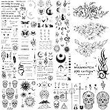 Realistic Temporary Tattoos - 200 Mix & Match Minimalistic set - Mystic Collection - Waterproof Long Lasting tattoos Adults Women Men, Fake tattoos, Face Body Hand Finger, Moon Stars Inspirational Words Flower Skull Snake