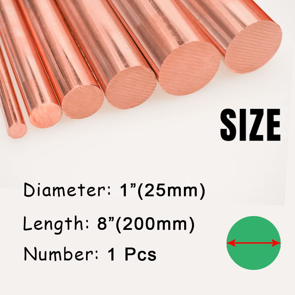 Rundstab aus reinem Kupfer, 2,5 cm Durchmesser, 20 cm Länge, blankes Kupfer, Cu-Metallstange für Metall, Handwerk, Hobbys, 1 Stück