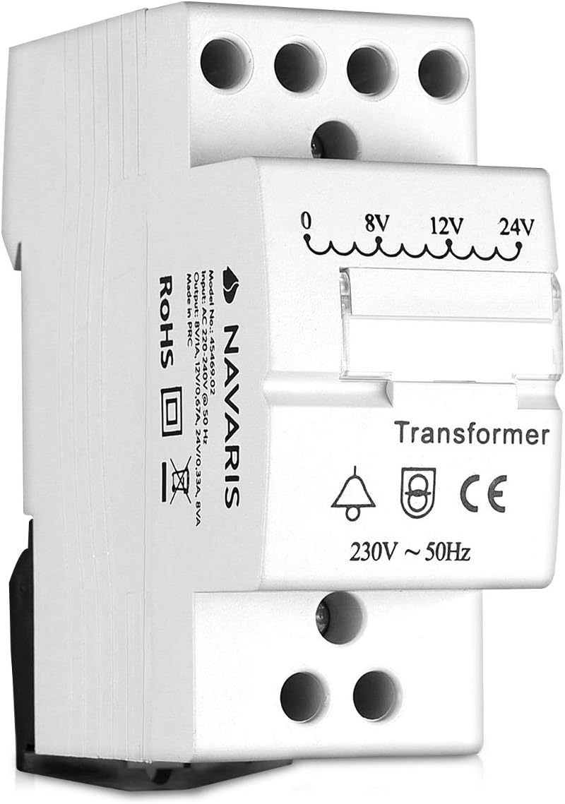Navaris Doorbell Transformer 8V 12V 24V - Fits Standard DIN Rail - Bell Transformer for Max. 8 VA Chime - White