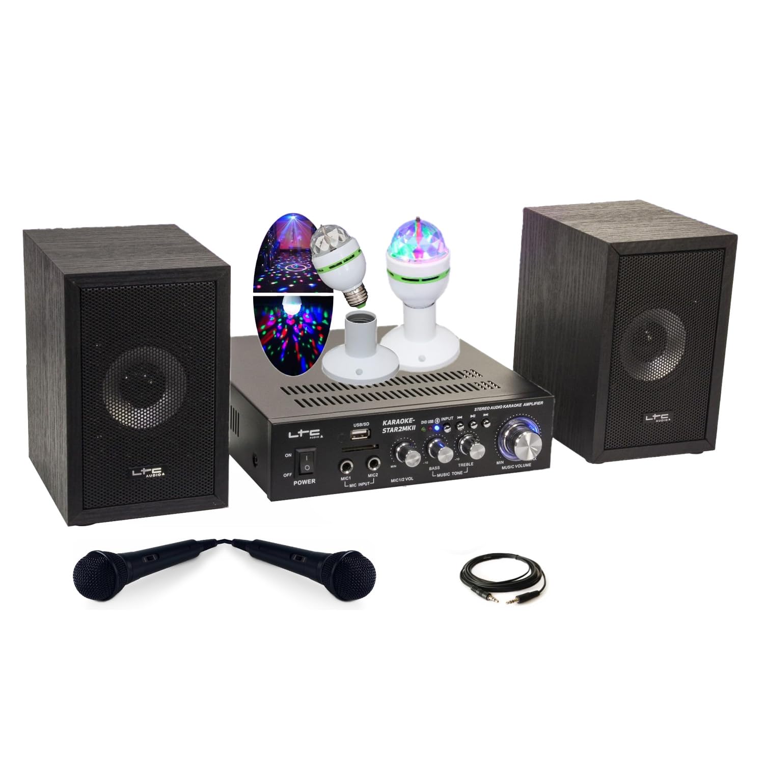 Générique Chanson Pack KARAOKE-STAR2MKII LTC Enfant - 2 Enceintes 2 Micros 1 Ampli Bluetooth USB SD 100W - Jeu Lumière Astro Rotatif LEDs RGB - Cadeau