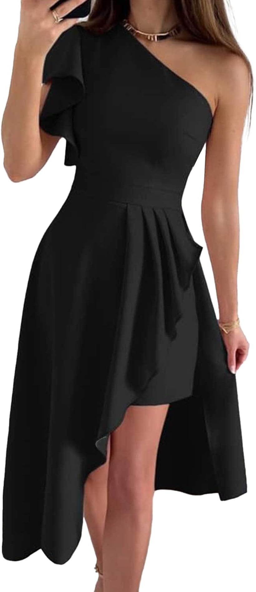 Womens One Shoulder Sleeveless Ruffle High Waist Asymmetrical Bodycon Formal Wedding Guest Midi Dress