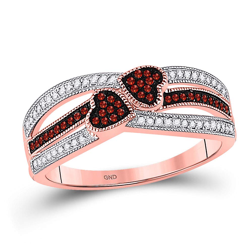 The Diamond Deal 10kt Rose Gold Womens Round Red Color Enhanced Diamond Double Heart Striped Ring 1/5 Cttw