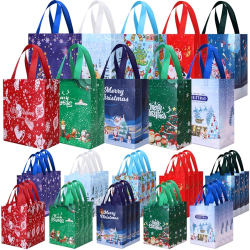 Windyun Bulk 60 Pcs Christmas Small Gift Bags with Handles, Reusable Non Woven Mini Christmas Bags Treat Bags Wrapping Bags for Christmas Gift Goodie Cookie Party Supplies(9.8"x7.8"x3.9")