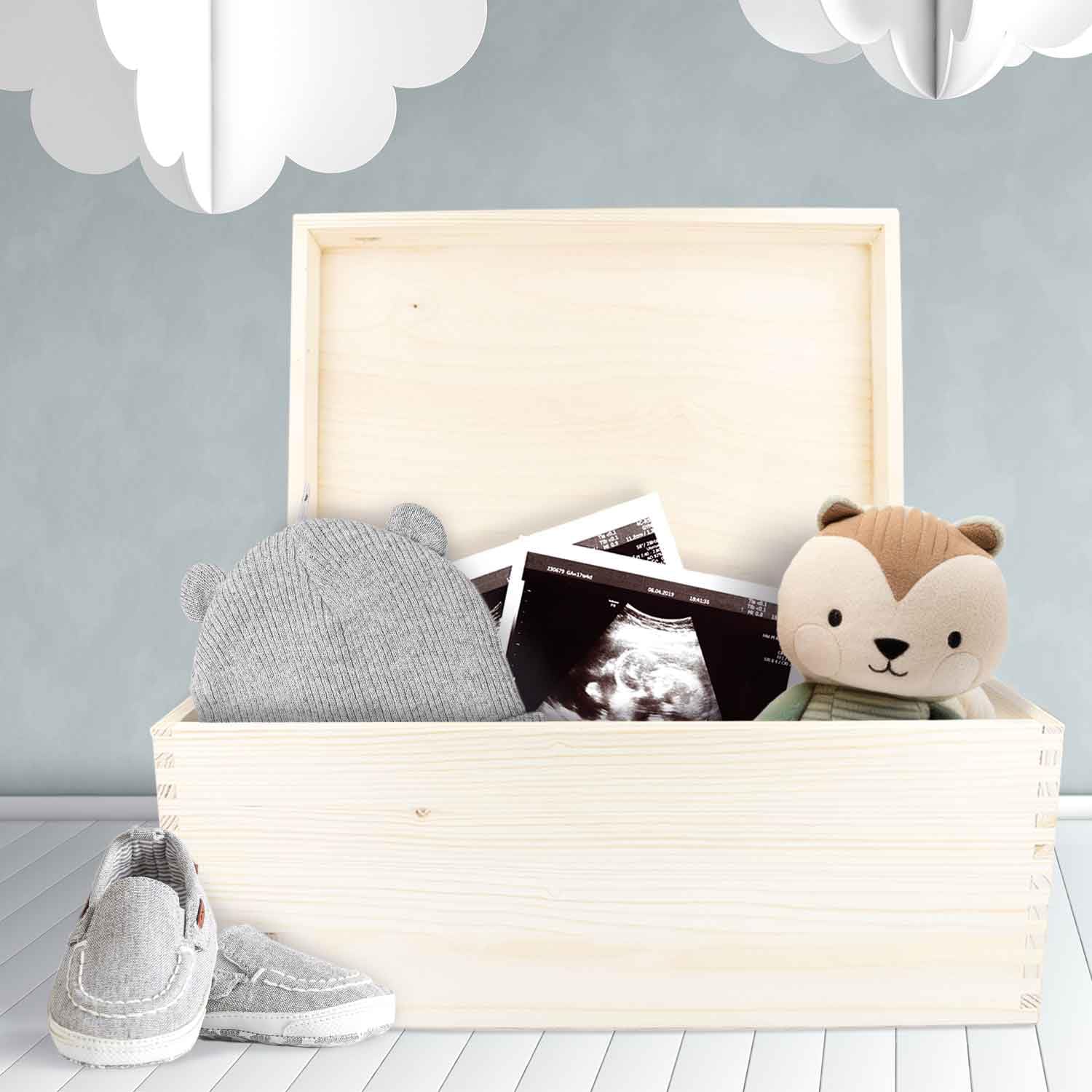 GRAVURZEILE Personalisierte Erinnerungskiste für Babys - Tiergruppe Safari - Personalisiert mit Name & Datum - Holzkiste für Mädchen & Jungen - Geschenk fürs Baby zur Geburt - Erinnerungsbox