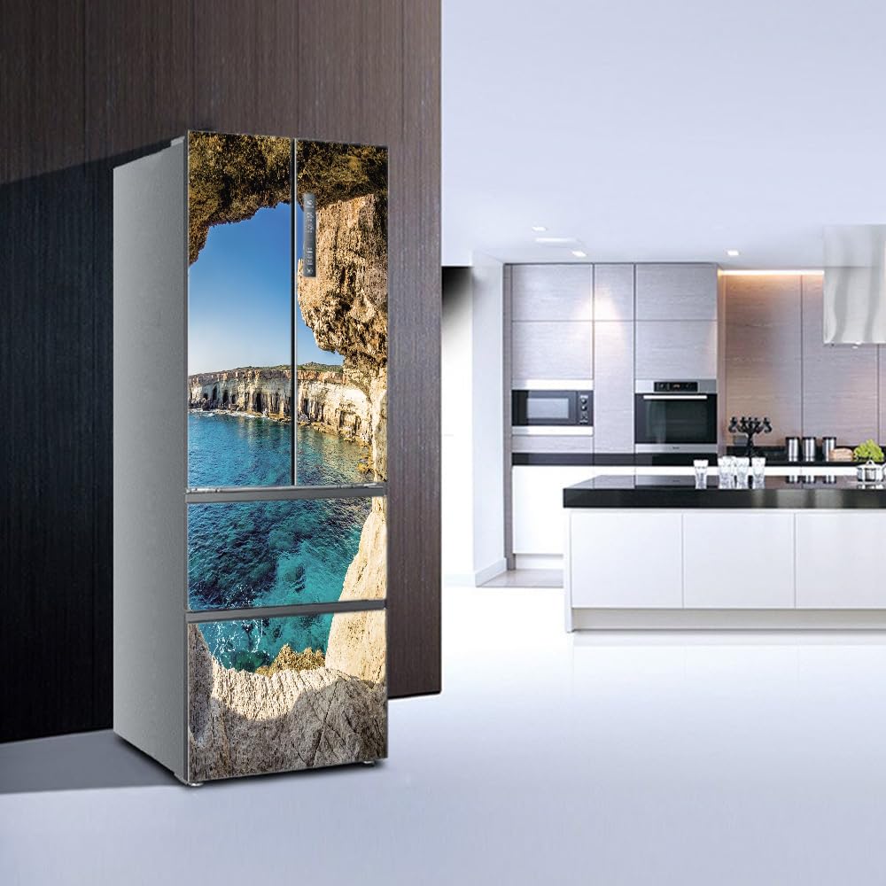 Grand Autocollant Frigo Paysage Marin Plage - Revêtement Complet Porte Réfrigérateur, Ambiance Vacances Tropicales, 3 Tailles Disponibles