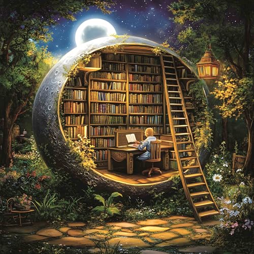 Rompecabezas de fantasía con forma de luna: Biblioteca forestal, 1024 piezas para adultos, arte decorativo para pared, incluye bolsa de almacenamiento, 23,85" x 23,85" miniatura 1