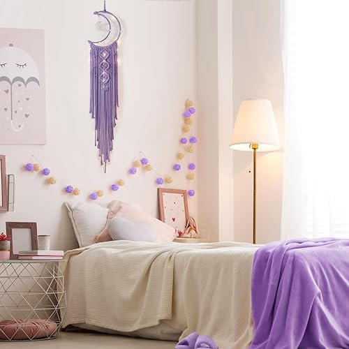 Vista 54 de Colgante de pared tejido de macramé bohemio, crochet, luna creciente, estrella, atrapasueños con borla larga, algodón negro, hecho a mano, bohemio
