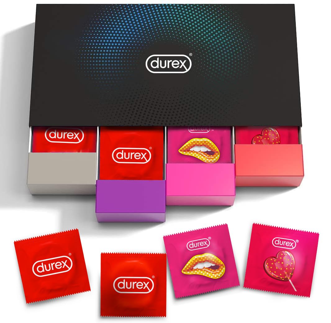 Durex Fun Explosion Mix di Preservativi Sottili, Con Rilievi e Nervature e Aromatizzati alla Fragola , 40 Profilattici, Esclusiva Online