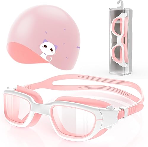 Kids Swim Goggles with Silicone Swim Cap, Swimming Goggles Cap Set for Kids 6-14, Anti-Fog Anti-UV for Boys Girls