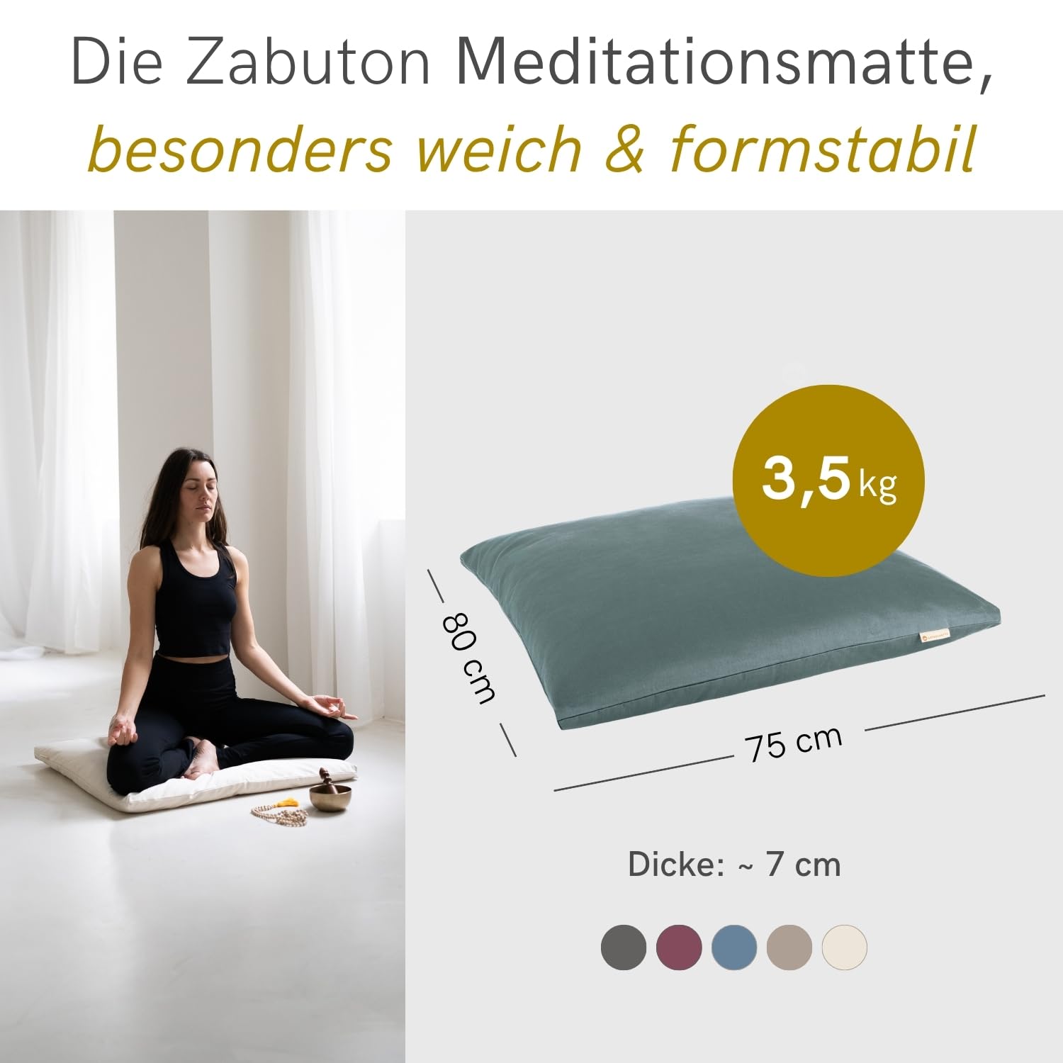 Lotuscrafts Meditationsmatte Zabuton Deluxe - Extra Dick - Meditationskissen Unterlage für entspannte Meditation - Waschbarer Bezug aus 100% Baumwolle - GOTS Zertifiziert