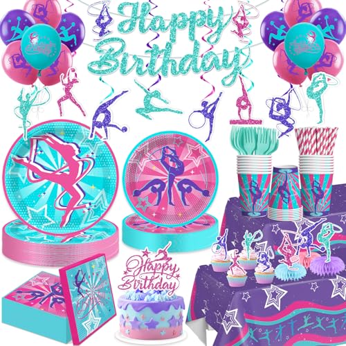 Yingoto 186 Pcs Gymnastics Birthday Party Decorations Serves 20 Guests with Banner Backdrop Cake Topper Plates and Napkins for Gymnastics Party