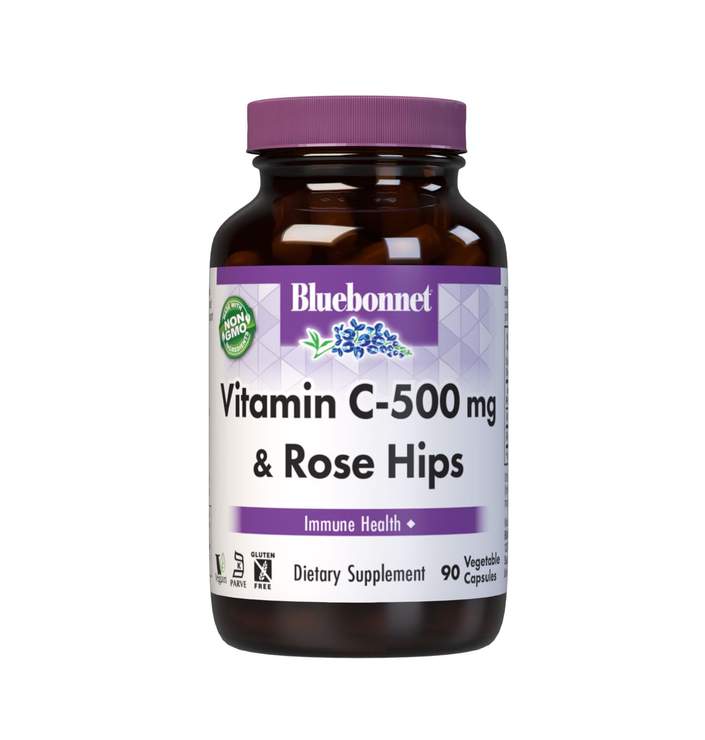 Bluebonnet Nutrition Vitamin C-500 mg Plus Rose Hips Vegetable Capules, for Immune Health, for Antioxidant Protection, Soy Free, Gluten Free, Non-GMO, Kosher, Dairy Free, Vegan, 90 Count 1 90 Count (Pack of 1)