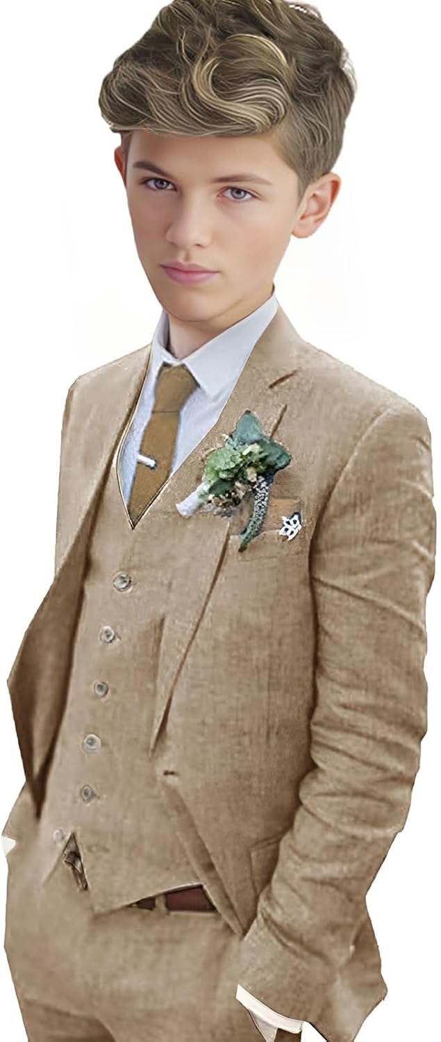 Boys Linen Suit Boys Tuxedo Slim Fit 3 Piece Summer Suit Kids Linen Suit Jacket Vest Pant