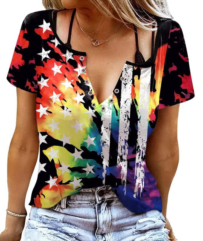 TMSD Women's 4th of July Patriotic Shirt USA Flag Short Sleeve V-Neck Independence Day T-Shirt