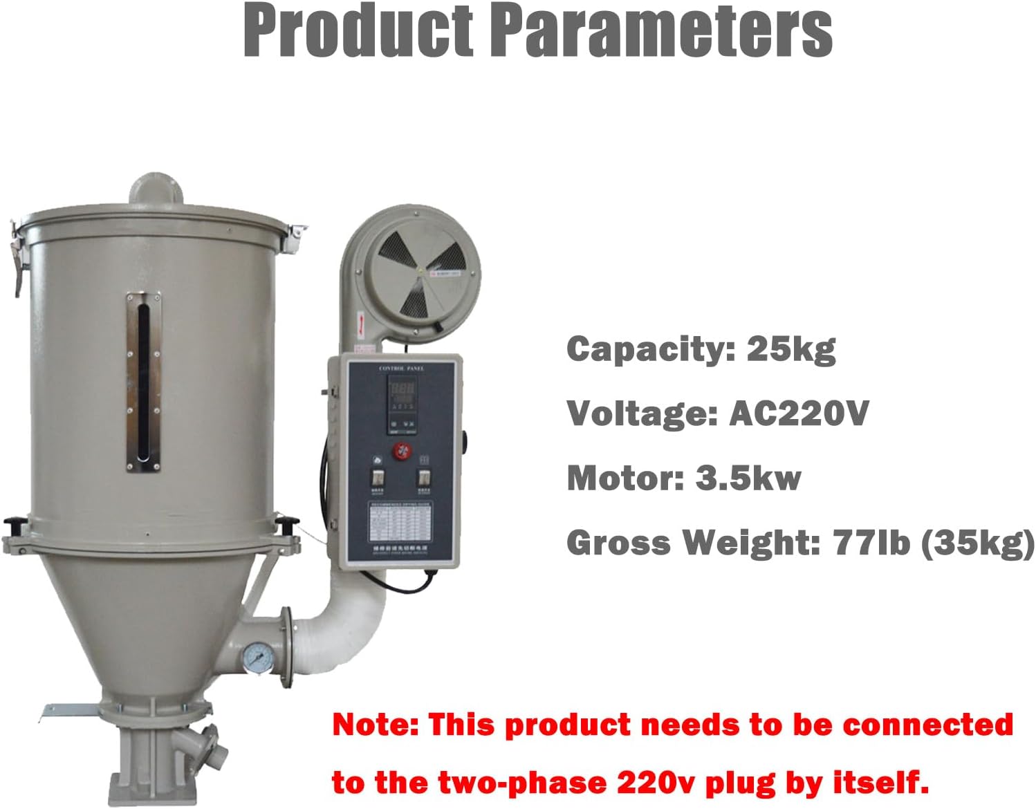 25kg Hot Air Vertical Plastic Dryer Stainless Steel Hopper Type Plastic Drying Machine 220V 3500W