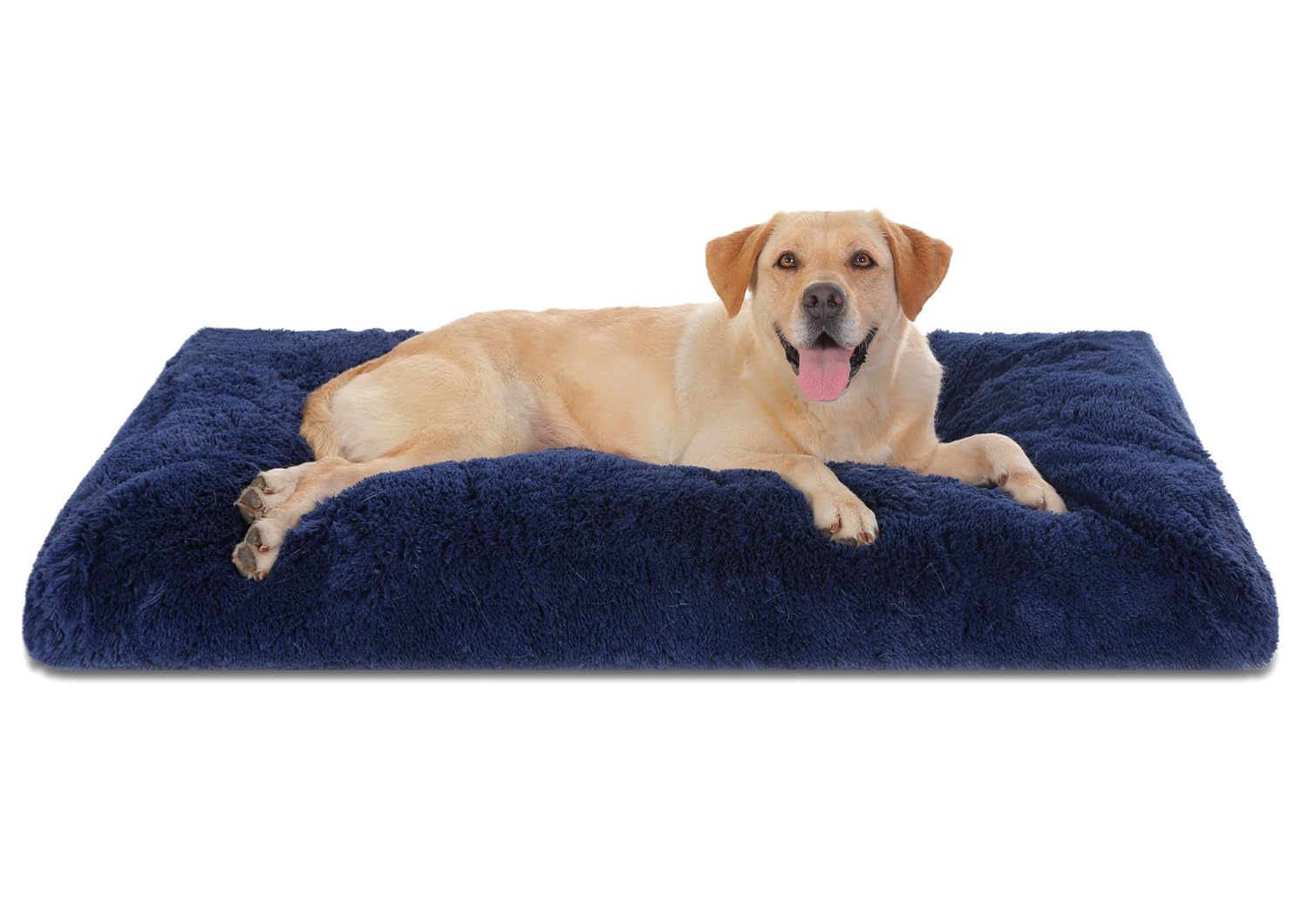 Bedfolks Waterproof Dog Crate Pad, Plush Washable Kennel Bed, Faux Fur, 47"x29", Dark Blue