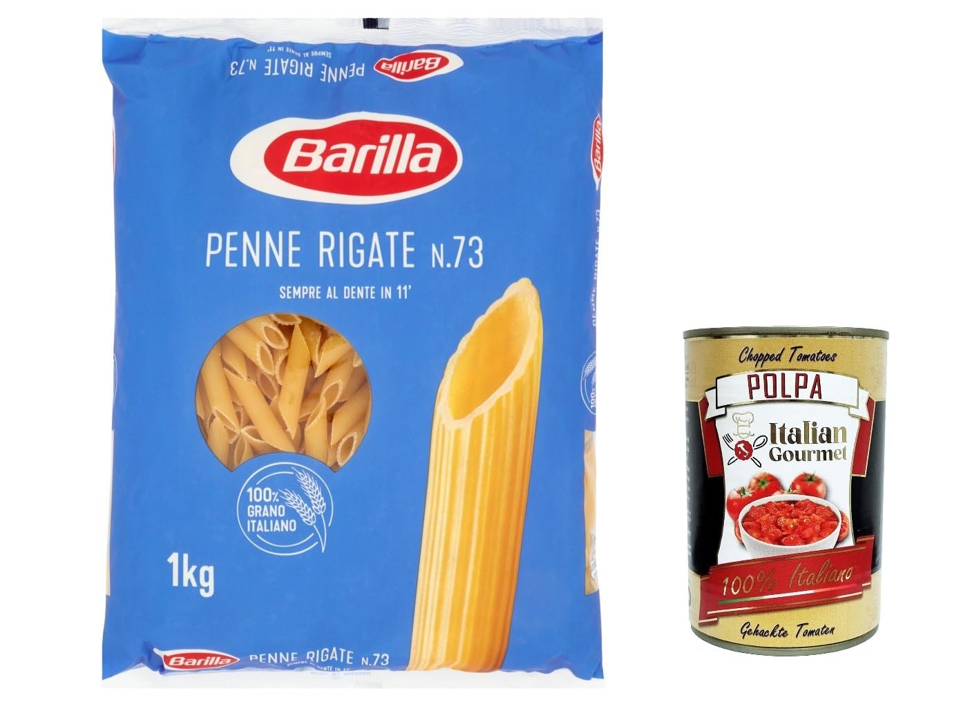 Pasta Barilla Penne rigate nº 73, 100% italiana, 1 kg + Polpa italiana Gourmet 400 g, 12 unidades