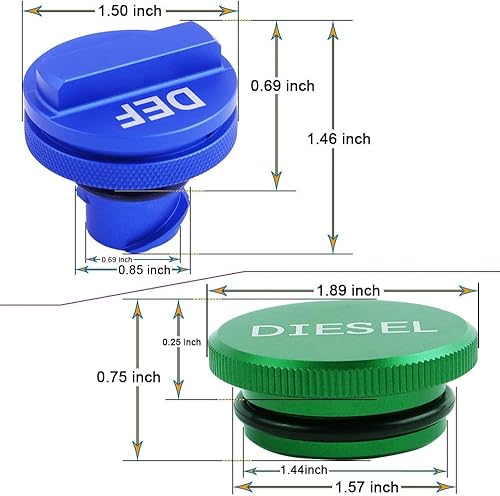 Miniatura 30 de Paquete combinado de tapa de combustible de aluminio Illlet, tapa de combustible diésel para Dodge – Tapa magnética verde diésel y tapa DEF azul