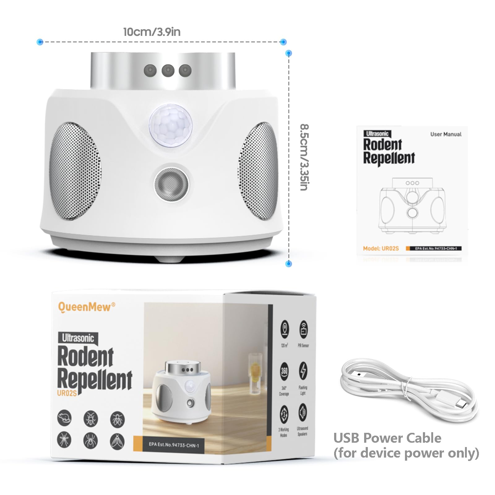 Ultrason Souris et Rats, Repulsif Souris Ultrasons 360° Anti Souris avec Lumière LED Appareil Ultrason pour Nuisible Rongeurs Plug in Répulsif Intérieur Dispositif Anti Nuisible Cafards pour Jardin