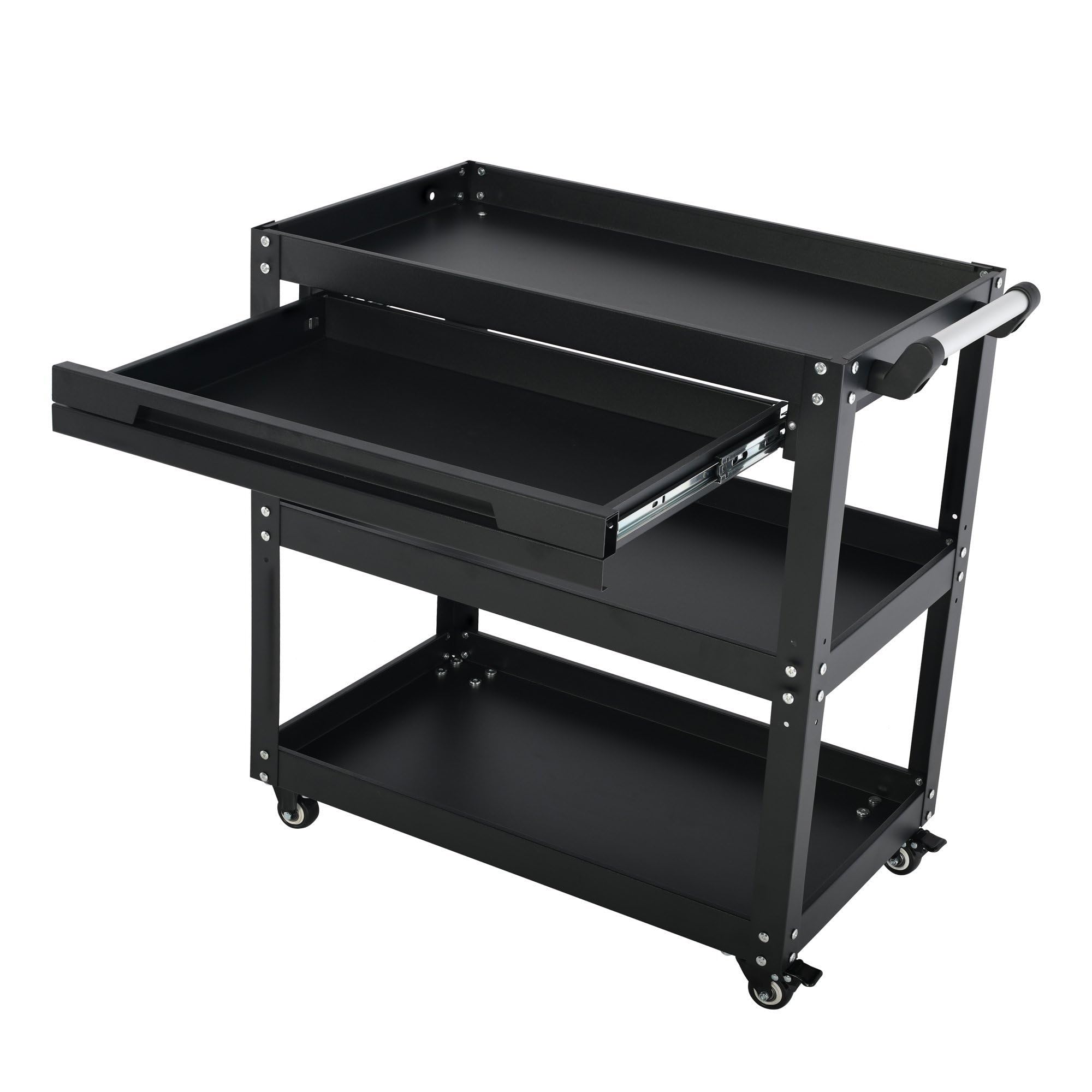 3-Tier Workshop Tool Trolley Cart with Drawer, Steel Garage Storage Cart, Black