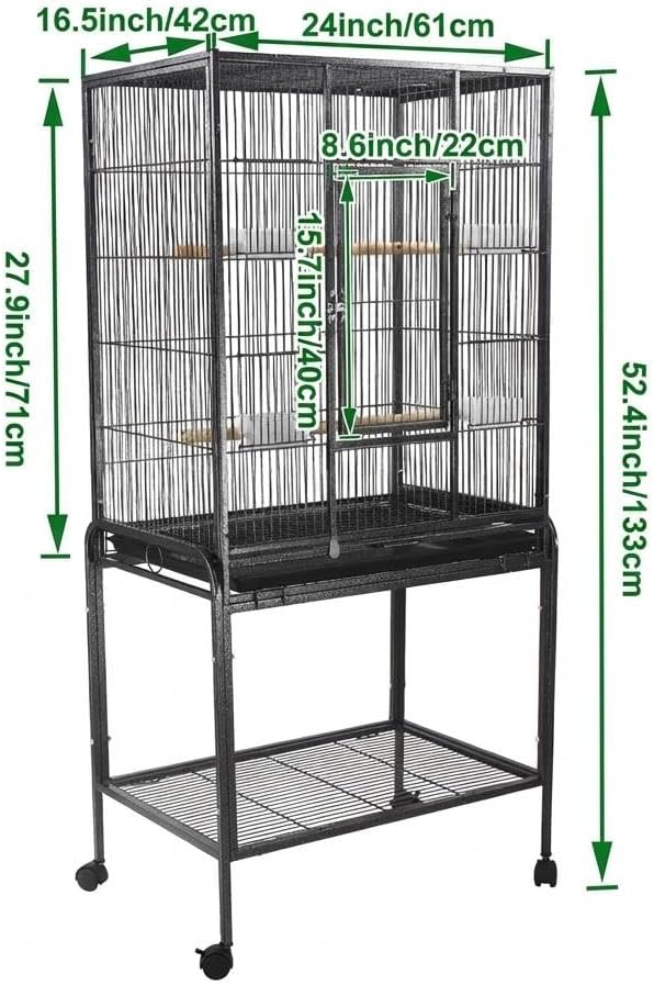 53-Inch Bird Flight Cage with Wheels, Wrought Iron Flight Cage with Stand, Large Parrot Cage for Parakeets, Cockatiels, Conures, Budgies, Macaws, Pigeons - Spacious Birdcage