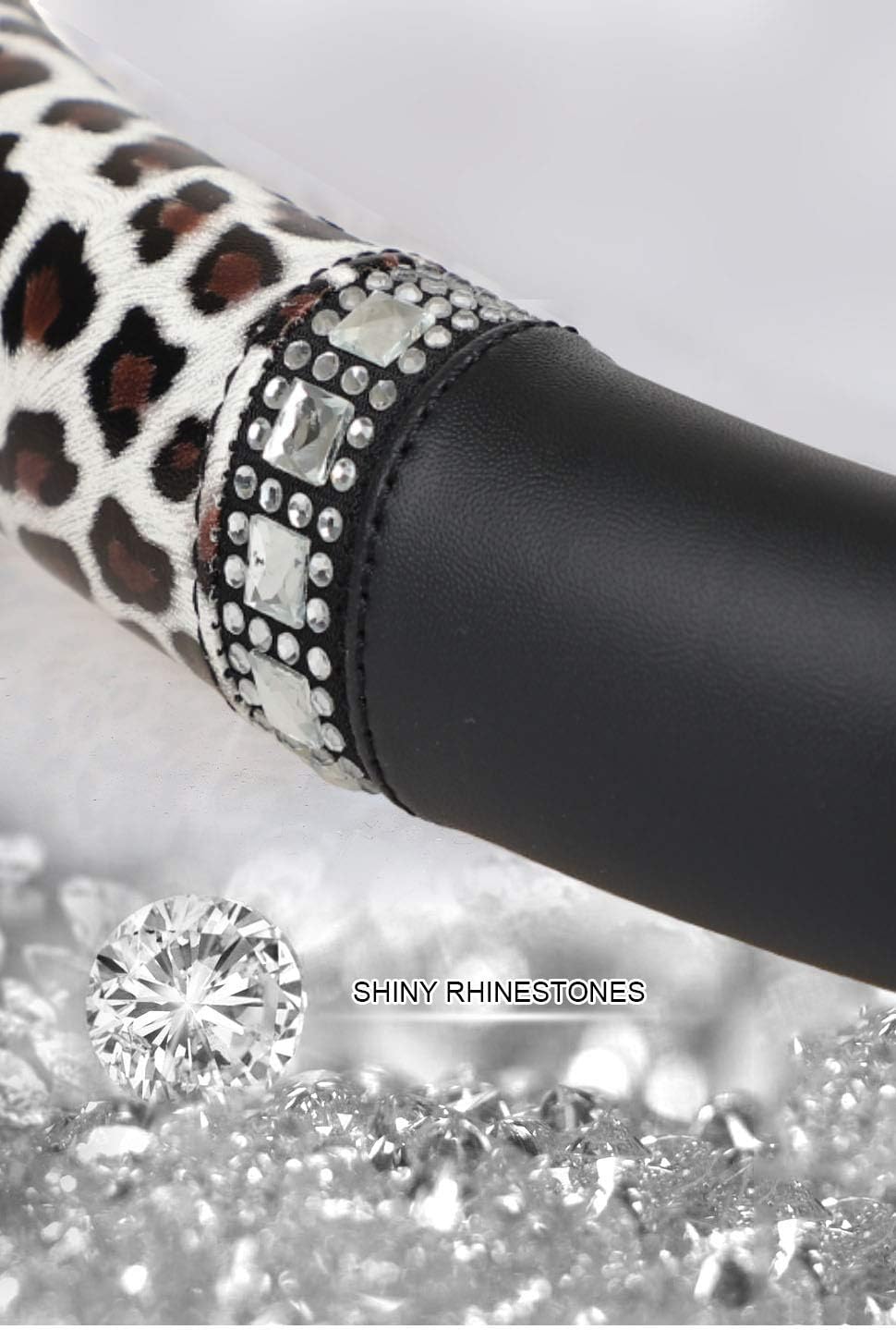NAWATAF Diamond Steering Wheel Cover with Bling Rhinestones Leopard Pattern Leather Universal Fit 15 Inch Car Wheel