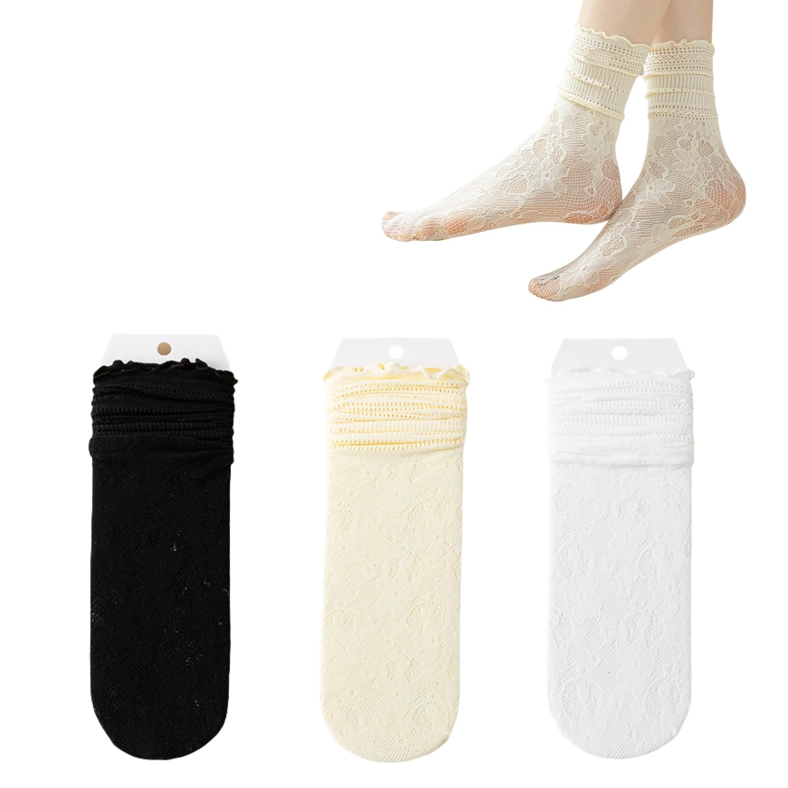 Duoyijin Women's 3 Colors Lace Calf Socks 3 Pairs Cute Ruffle Frilly Cotton Sock Breathable Hollow Out Pop Socks For Girls,