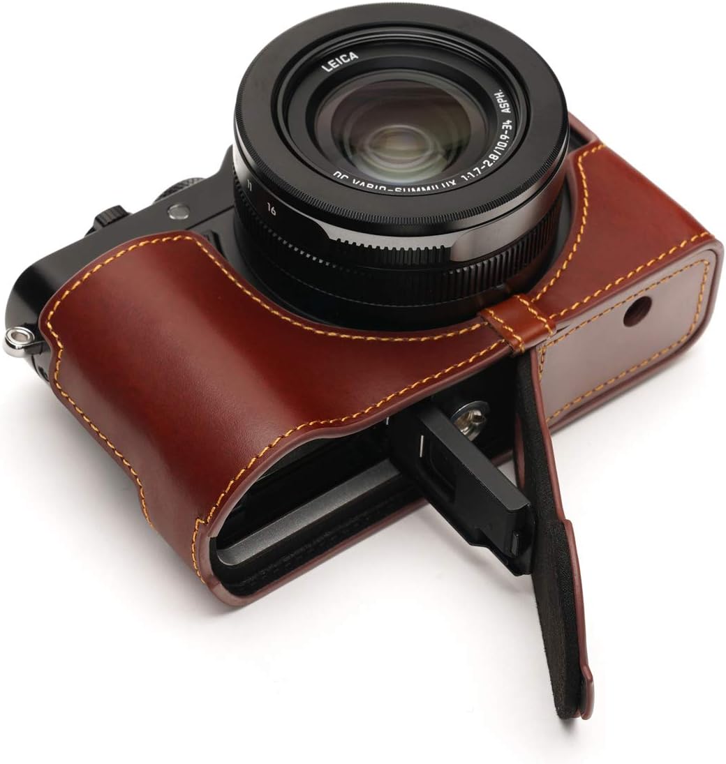 Lumix DC-LX100 II Camera Case, BolinUS Handmade Genuine Real Leather Half Camera Case Bag Cover for Panasonic Lumix DC-LX100 II LX100 II Camera Bottom Opening Version + Hand Strap -Brown