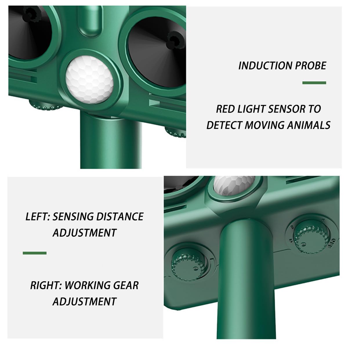 Repellente per gatti da giardino con ricarica solare, sensore di luce rossa, luce flash LED, 4 livelli regolabili, portata 8-12 metri per gatti, cani, volpi, uccelli