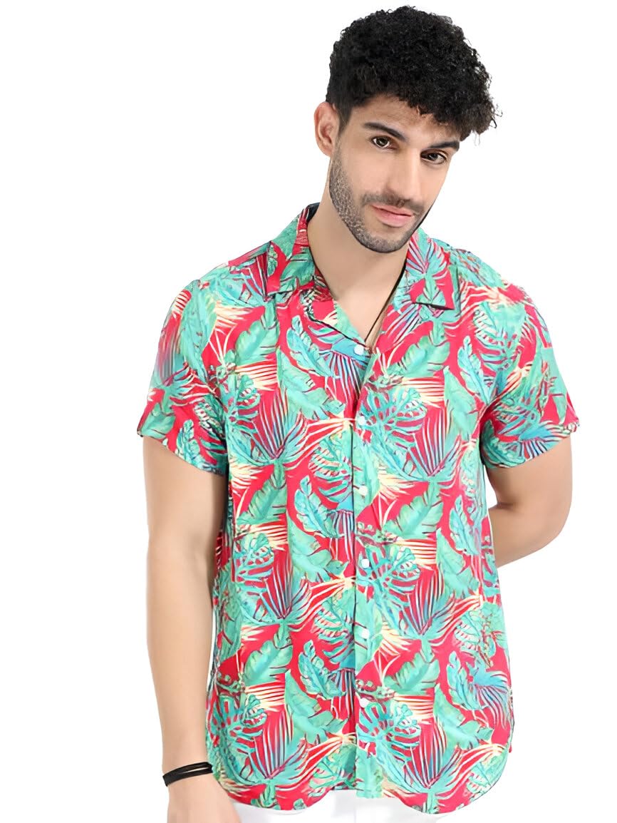GLORYBOYZHalf Sleeve Printed Shirts for Men Relaxed Fit Tropical Leaf Hawaiian Stylish Men's Casual Shirt Revere Collared Neck Vacation Goa Beach Summer Shirts for Men Plus Size S to 6XL