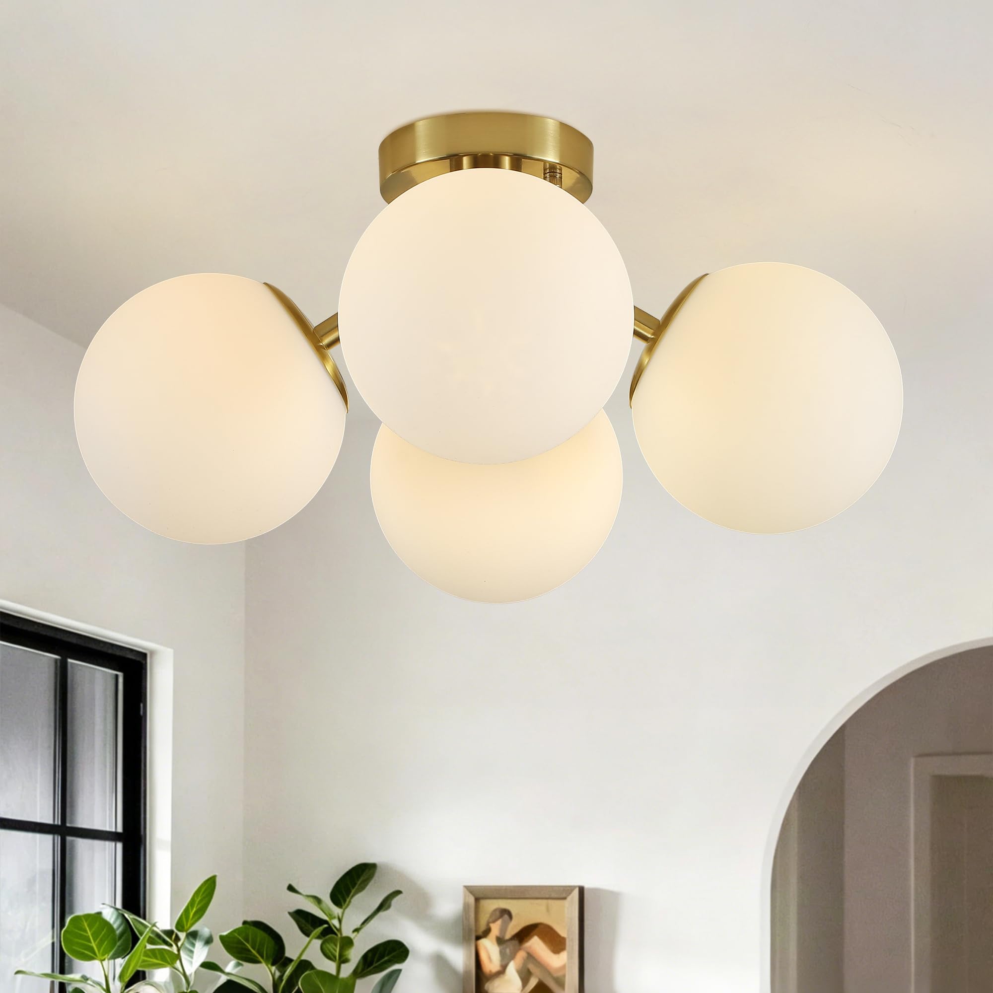 4-Light Brass Ceiling Light for Living Room with Opal Glass Globe Shade