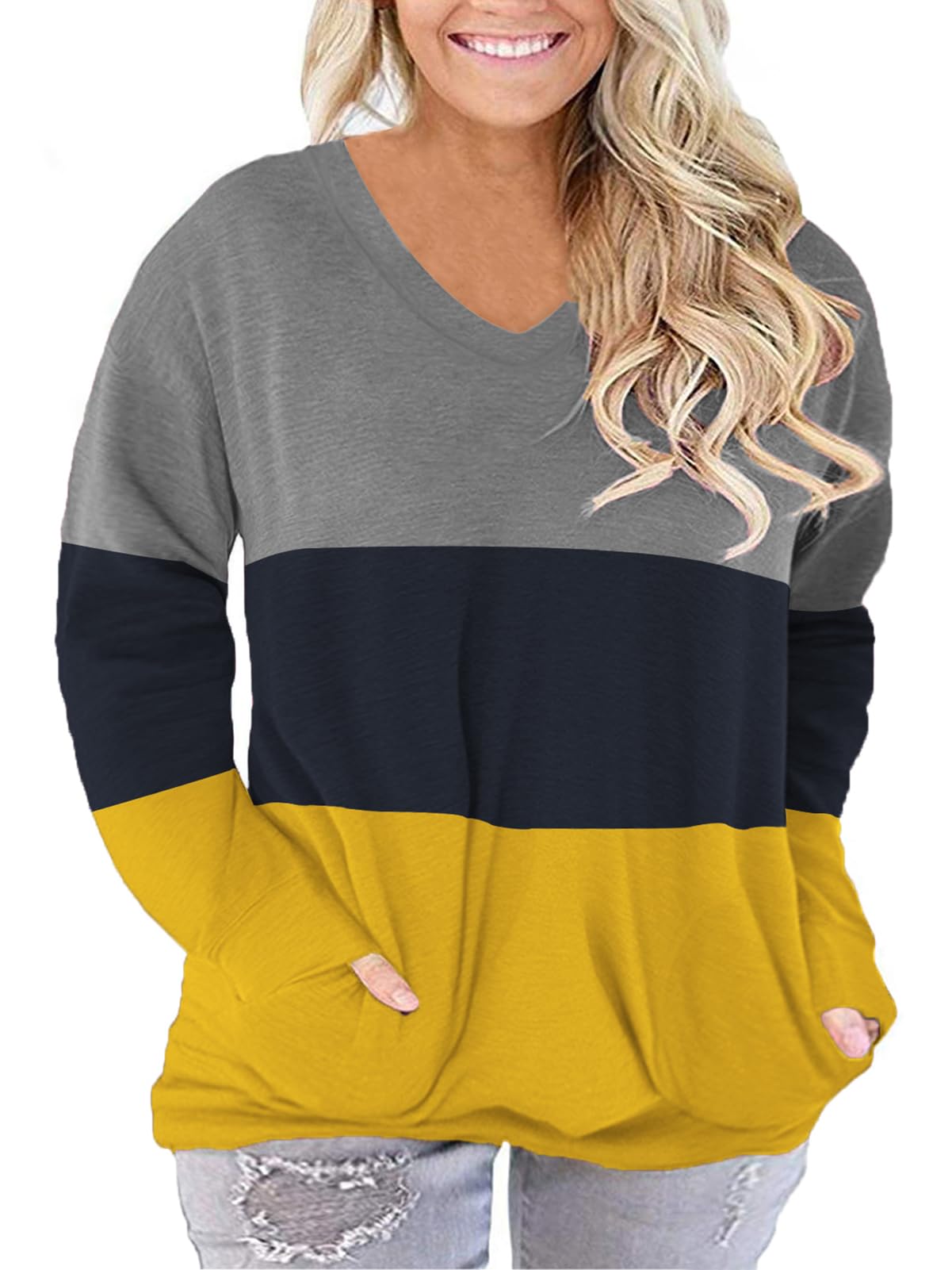 ROSRISS Plus-Size-Tops for Women Long Sleeve V Neck Shirts Oversized Pockets Tunics