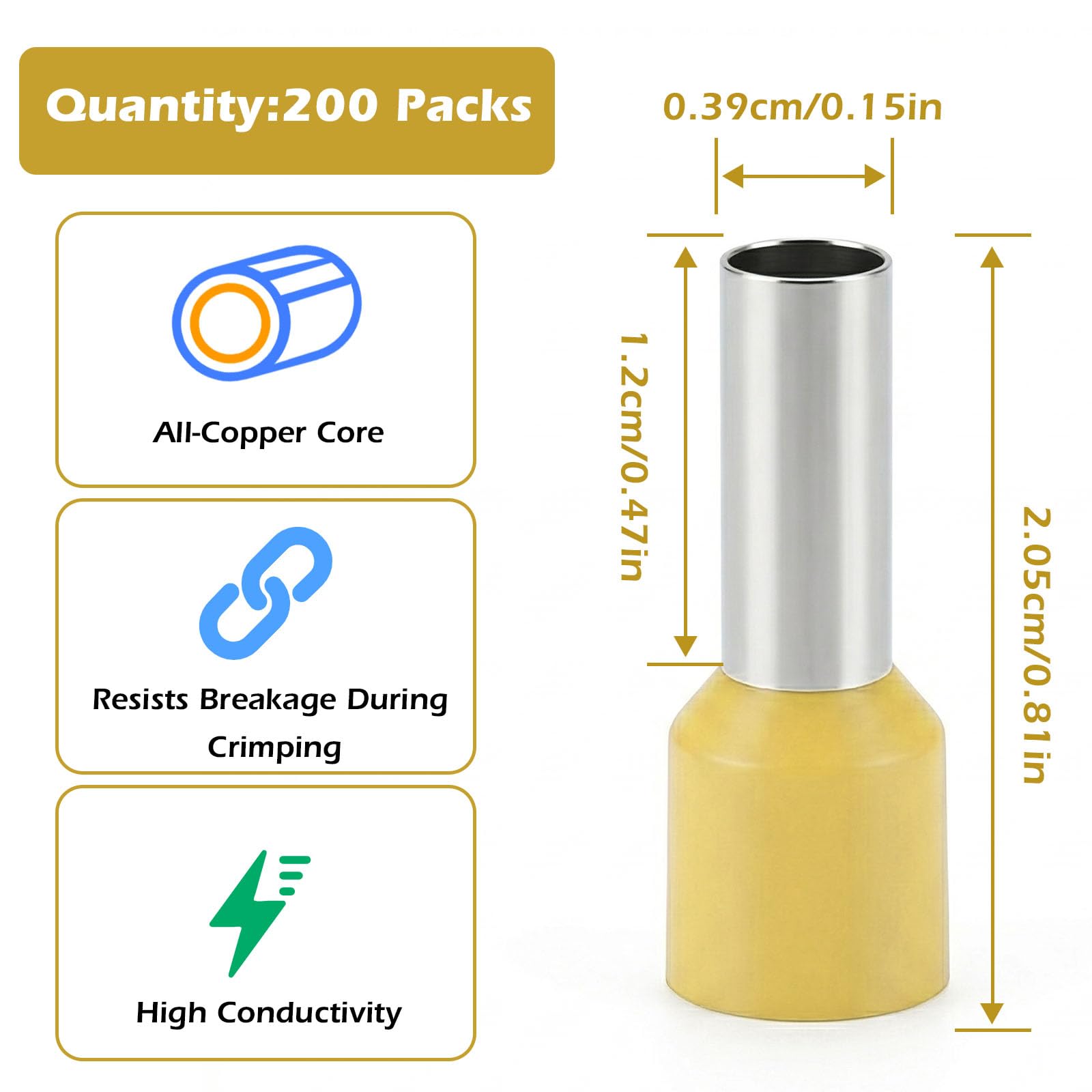 Lote de 200 Terminal del Extremo del Cable 6mm²x12mm, Juego de Férulas para Cable, Conexiones para Cables Electricos,Conector de Crimpado de Alambre Cobre para conexiones de cables （Amarillo）