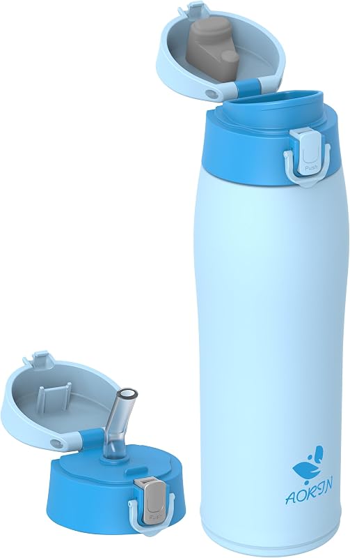 AORIN Insulated Water Bottle, 18/8 Stainless Steel Water Bottle, 750 ml Children's Water Bottle, BPA and Leak Free, Thermos Flask for Sports, Outdoor and Commuting with 2 Lids