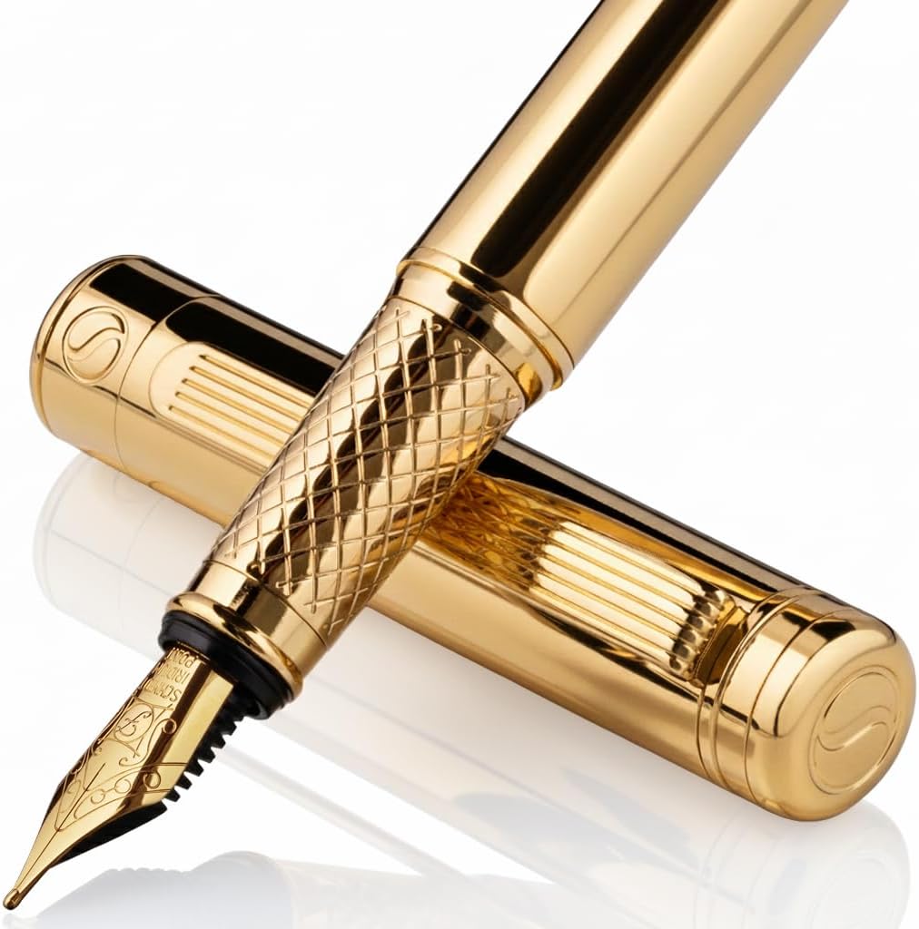 Luxury Fountain Pen - Stunning Gold Pen, 24K Gold Finish, Schmidt 18K Gilded Nib (Fine), Converter, Best Pen Gift Set for Men & Women, Professional, Executive, Office, Nice Pens