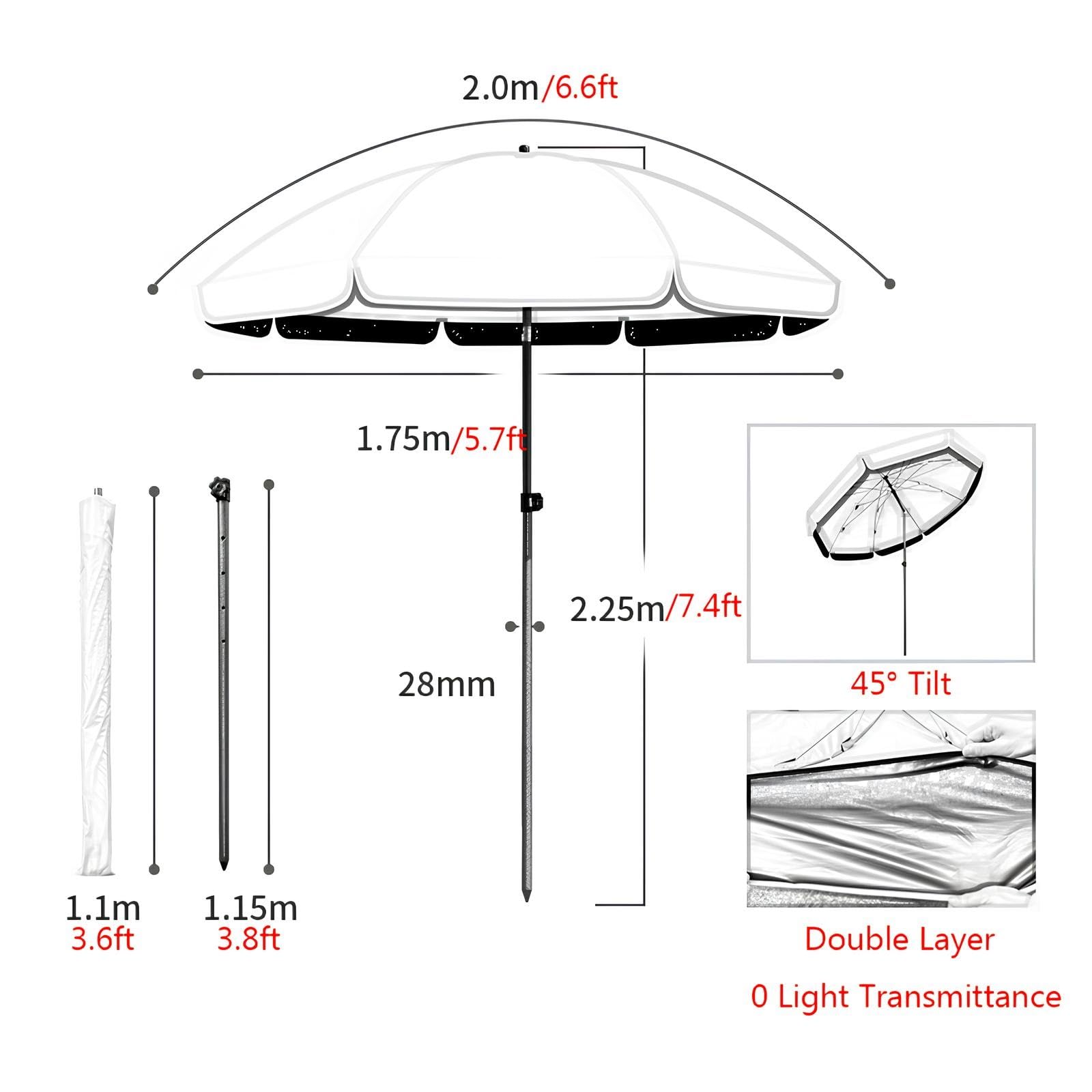 Parasol de Plage, Tente Anti-UV, Parasol Inclinable Exterieur, Parasol de Jardin Facile à Installer et à Transporter pour Plage, Balcon & Terrasse(Blue,2.0m/6.6ft)