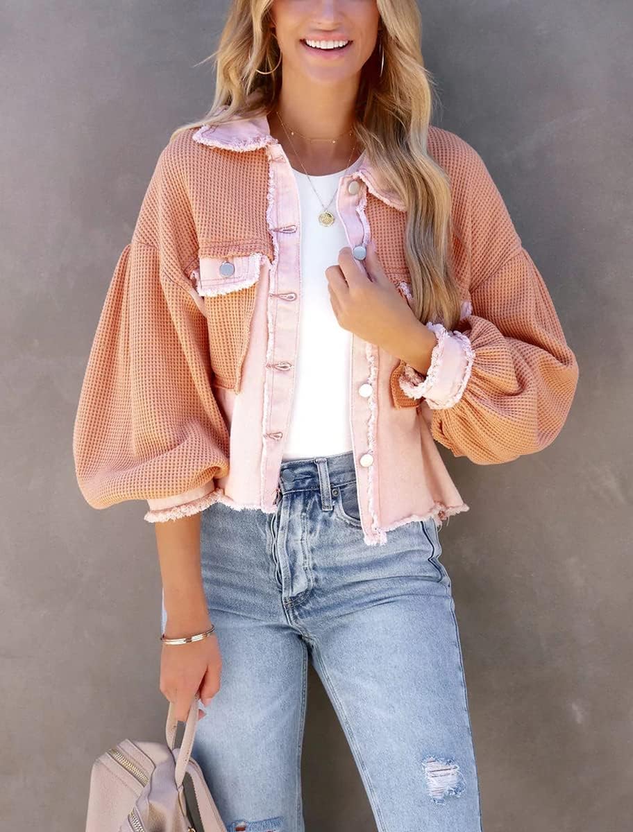 chouyatou Women's Cropped Waffle Knit Jacket Boyfriend Button Down Shirt Shacket Tops - Image 2