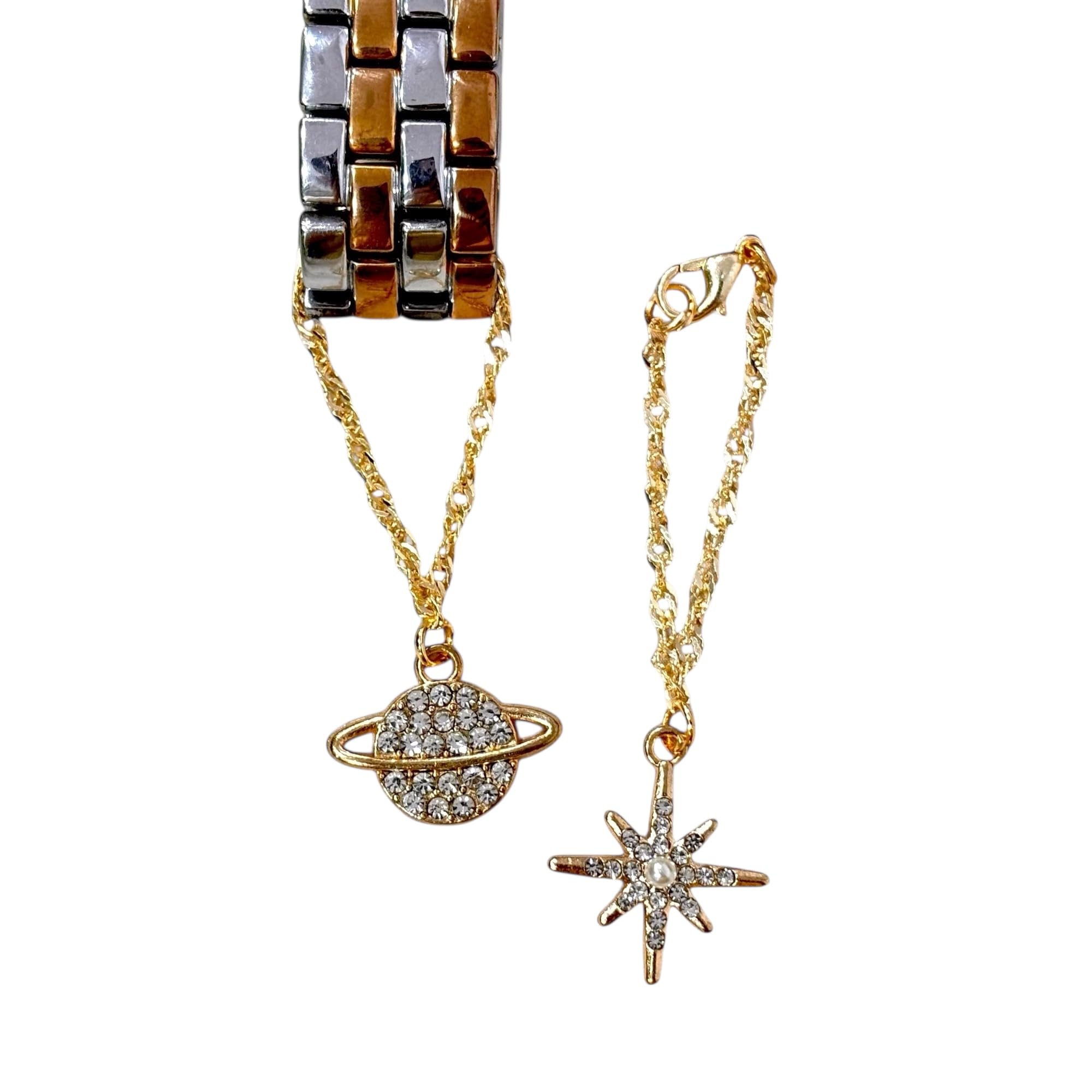 Gold Plated Planet & Star Watch Charms for Women Combo of 2, Anti-Tarnish, Stylish Jewellery for Watches, Smartwatch Strap, Handcrafted, Comfortable for Daily Use, Gifting