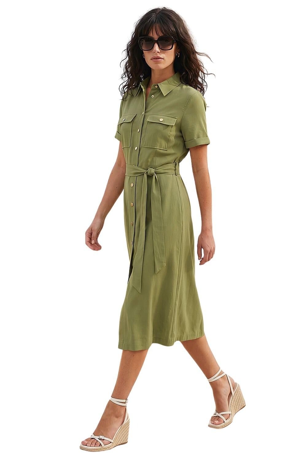 Roman Women's Button Belted Collared Shirt Dress in Khaki | Size: 20