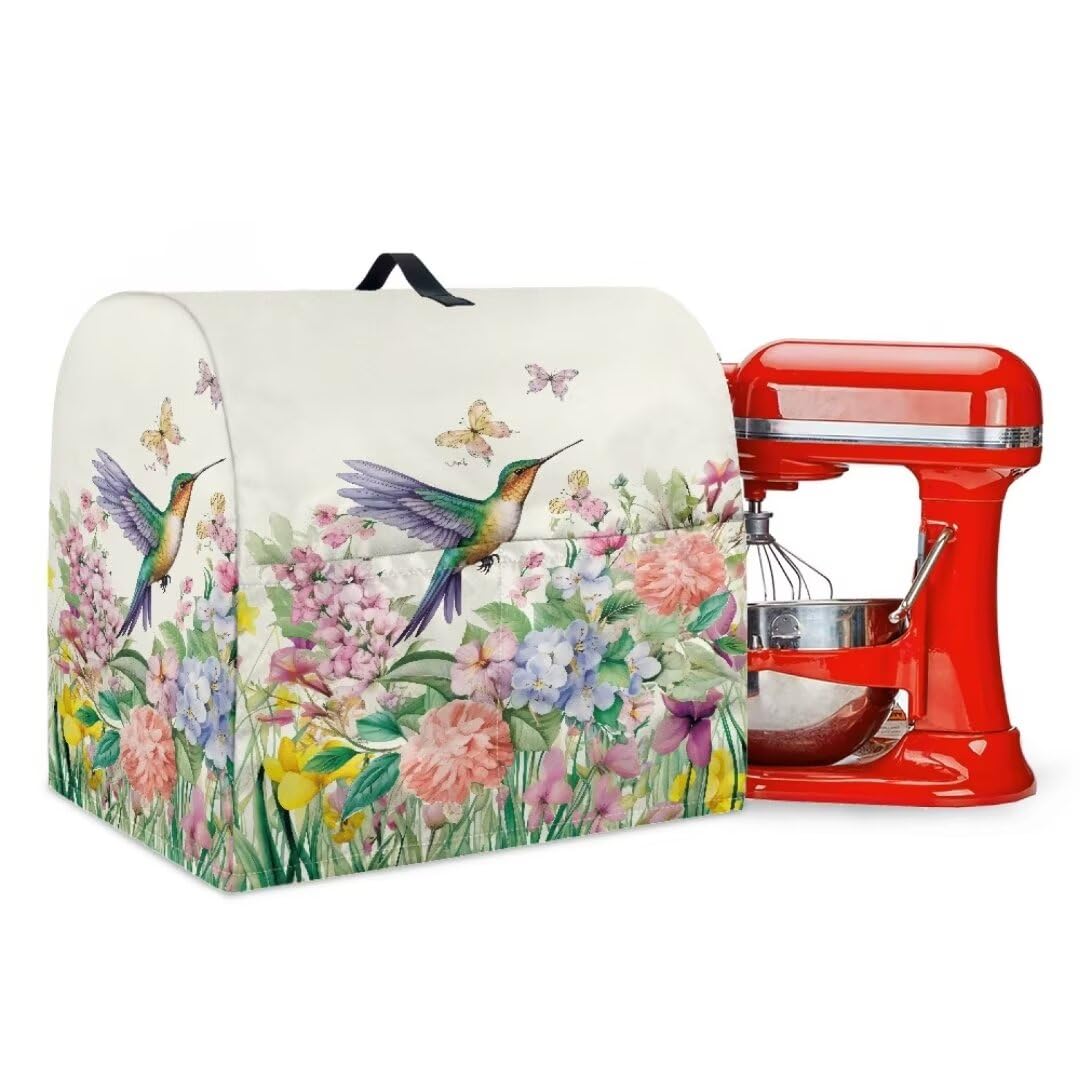 LVEWYB Hummingbird Stand Mixer Cover for Kitchen Aid Mixer,Flowers Dust Mixer Storage Cover with Top Handle and Pockets Compatible with 4.5-5 Quart Mixer,Waterproof
